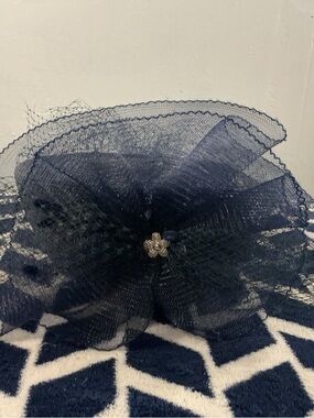 Navy Floral Mesh Fascinator with Crystal Accent - Women Accessories
